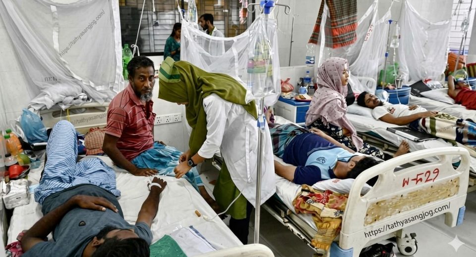 হাসপাতালের ডেঙ্গু ওয়ার্ডে মশারি টাঙানো বেডে চিকিৎসাধীন রোগীদের দৃশ্য।