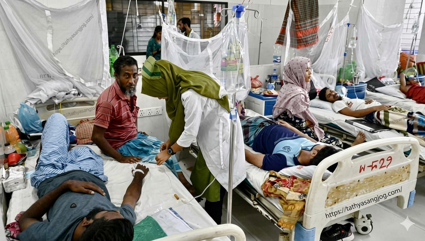 হাসপাতালের ডেঙ্গু ওয়ার্ডে মশারি টাঙানো বেডে চিকিৎসাধীন রোগীদের দৃশ্য।