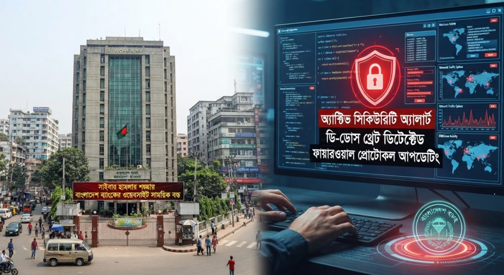 বাংলাদেশ ব্যাংকের প্রধান ভবনের সামনে সাইবার নিরাপত্তার প্রতীকী চিত্র